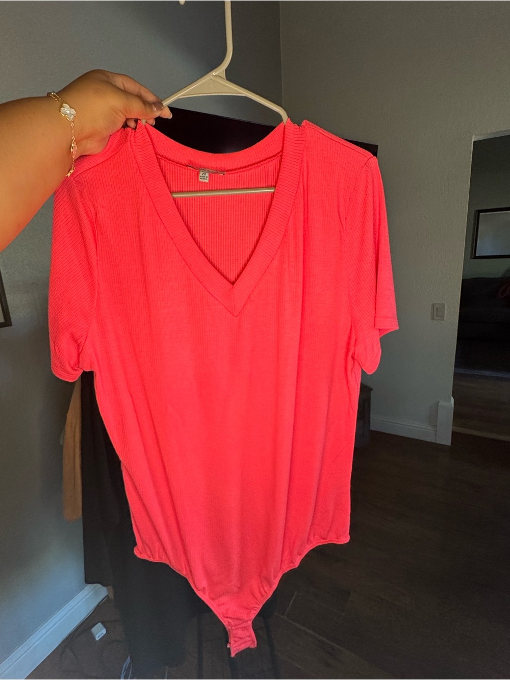 white birch Vibrant Pink Ribbed V-Neck Short Sleeve Bodysuit
